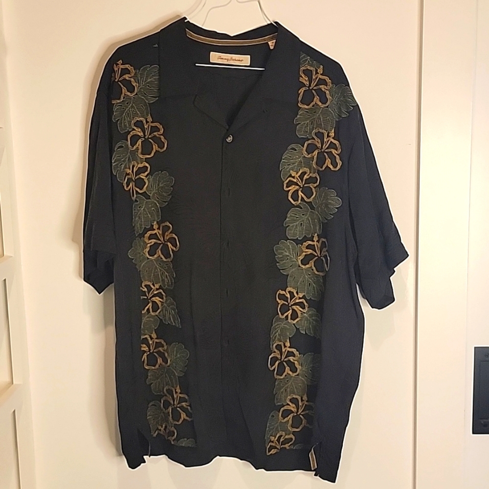 Tommy Bahama XL Black with Floral Striped Hawaiian Silk Shirt